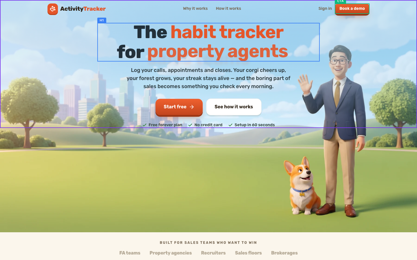 The audited page above the fold, with the hero, headline and primary button marked