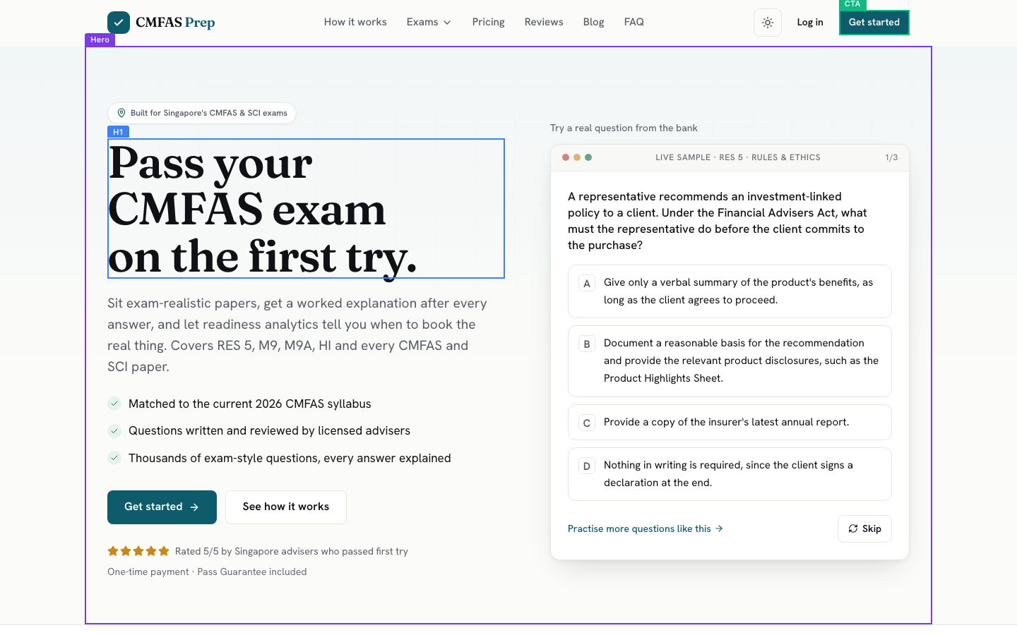 The audited page above the fold, with the hero, headline and primary button marked